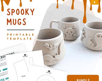Plantillas de tazas de Halloween - Plantillas espeluznantes para tazas - Herramienta de cerámica con fantasmas, calaveras y murciélagos, patrón imprimible de cerámica DIY para principiantes