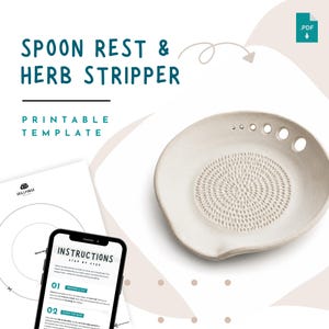 Szablon do ceramiki na podstawkę pod łyżkę – wzór ceramiczny dla początkujących do druku z dodatkiem ziół w formacie PDF, ceramika kuchenna DIY, natychmiastowe pobranie