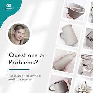 May include: A promotional image for Skillforge Creations featuring a variety of handmade ceramic items. The image includes a woman's portrait and text that reads "Questions or Problems?" and "Just message me anytime. We'll fix it together."