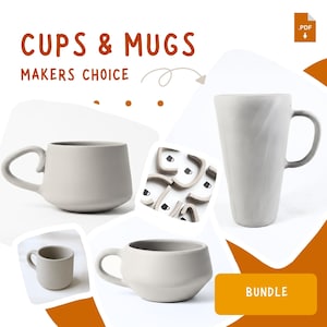 Ensemble de modèles de tasses et de tasses – 5 motifs en céramique imprimables, fabrication artisanale de dalles de poterie pour débutants, téléchargement PDF, lot d'outils de poterie
