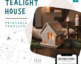 Tealight House Pottery Template – Printable Ceramic/Air Drying Clay Candle Holder Pattern, DIY Christmas Craft (PDF Download)