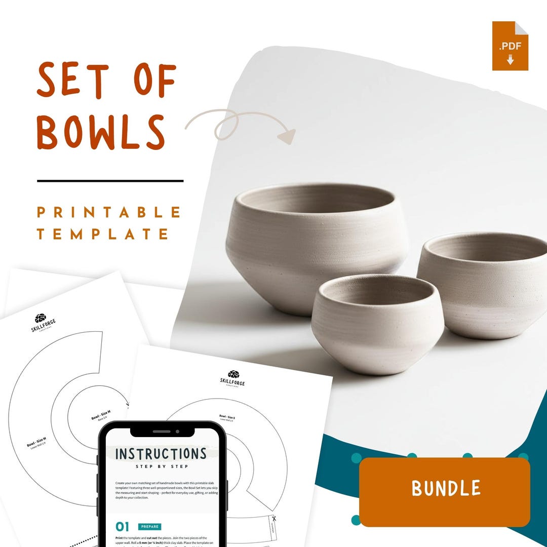 Bowl Pottery Template Set 3 Sizes Printable Ceramic Dish Pattern PDF