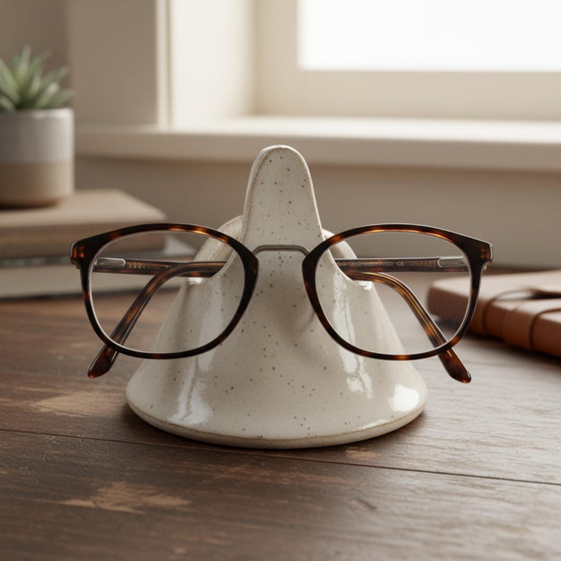 May include: A pair of eyeglasses with a tortoiseshell pattern rests on a speckled, off-white ceramic glasses holder. The holder is on a wooden surface, with a small plant and books in the background.