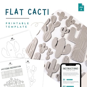 Juego de plantillas de cerámica de cactus: 30 patrones de arcilla de secado al aire para imprimir con adornos planos hechos a mano. Cerámica en losa DIY para principiantes (PDF)