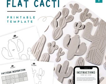 Cactus Pottery Template Set – 30 Flat Handmade Ornament Printable Ceramic/Air Drying Clay Pattern, DIY Slab Pottery for Beginners, PDF
