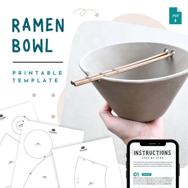 Ramen bowl pottery template with chopstick rest, printable slab pottery pattern for DIY noodle and soup bowls
