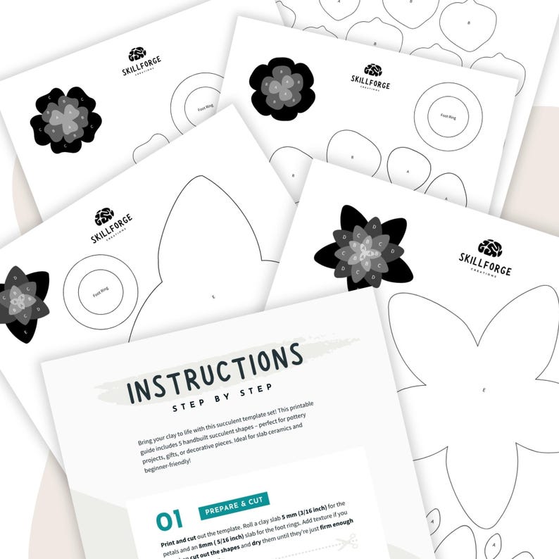 Instruction pages for a succulent clay flower template, explaining how to shape handmade flowers from air dry clay using pottery tools and digital ceramic templates.