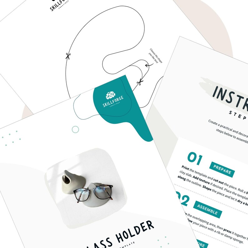 May include: A collection of white paper templates with instructions for a glass holder, featuring a teal logo and a pair of eyeglasses. The instructions include steps for preparing and assembling the holder. A small gray ceramic holder is also visible.