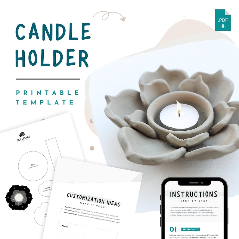 May include: A gray ceramic candle holder shaped like a flower, with a lit tea light candle in the center. The image also shows a printable template, customization ideas, and instructions on a smartphone. The text on the image says "CANDLE HOLDER PRINTABLE TEMPLATE".