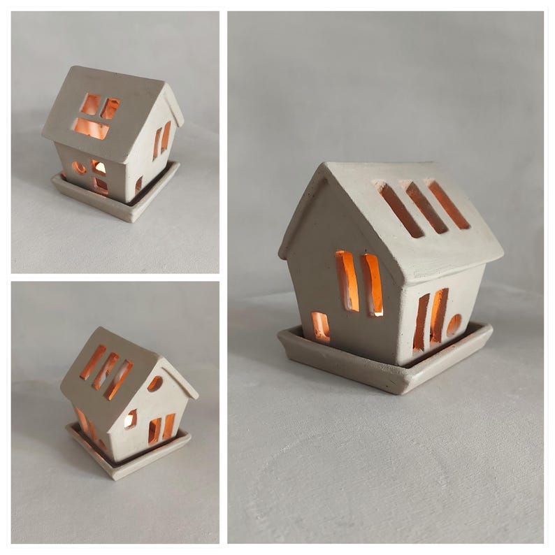 Ceramic tealight houses made with printable slab pottery template | handmade clay lantern with glowing windows | pottery craft project