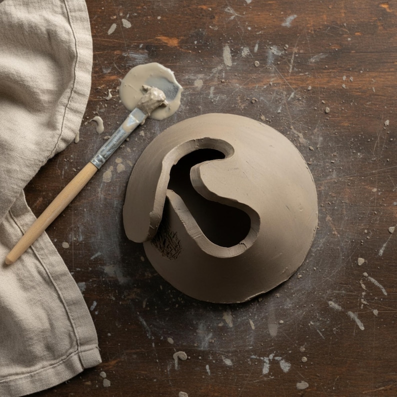 May include: A partially formed, unglazed clay bowl with a unique, curved design. A paintbrush with clay residue rests beside the bowl, suggesting the pottery process. A beige cloth is partially visible on a wooden surface.