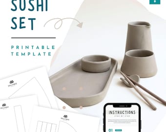 Sushi Set Pottery Template for Hand Building | Japanese Style Ceramics Pattern | DIY Plate, Bowl, Bottle, Sake Cup & Chopstick Rest (PDF)