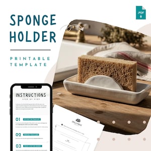 Modèle de poterie avec porte-éponge - Modèle d'organisateur de cuisine en céramique imprimable, construction manuelle de poterie de dalle de bricolage pour les débutants, téléchargement PDF