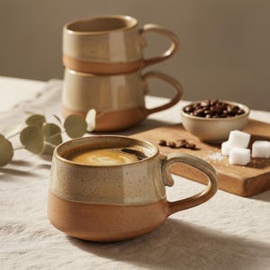 Finished round ceramic mug created from handbuilt pottery template, resting on table, two more in the background, ideal tea lover gift or kitchen decor.