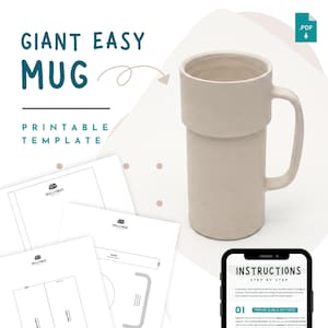 May include: A tall, off-white ceramic mug with a cylindrical body and a handle, accompanied by printable template sheets labeled "GIANT EASY MUG" and "SKILLFORGE" and a smartphone displaying "INSTRUCTIONS STEP BY STEP" with 6 mm text.