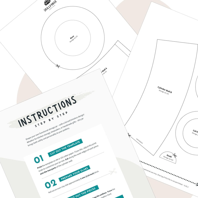 Printable storage jar template with full instructions | slab pottery pattern for lid and base | digital pottery guide