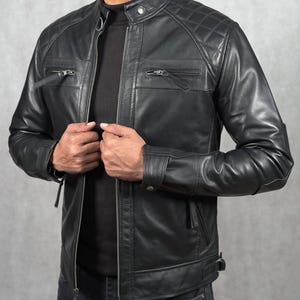 Veste en cuir noire pour homme vintage fabriquée à la main - Style Cafe Racer | Blouson moto | Veste en cuir véritable faite main pour homme