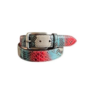 Puede incluir: Un cinturón colorido con estampado de piel de serpiente. El cinturón presenta una hebilla plateada y un diseño vibrante con tonos de rojo, azul y gris. Un accesorio elegante.