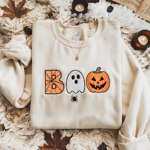 Embroidered Boo Sweatshirt, Halloween Sweatshirt, Halloween Embroidered Sweatshirt, Fall Crewneck, Cute And Scary Crewneck