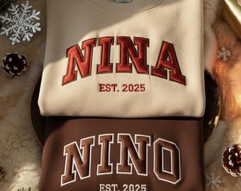 Geborduurd Nina Nino-sweater, gepersonaliseerde kindernamen op mouw, Godmama-shirt, Godfather-ronde hals, overhemden Padrino-voorstel