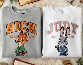 Embroidered Disney Nick Wilde and Judy Hopps Sweatshirt, Zootopia 2 Movie Shirt, Cartoon Couple Tee, Christmas Gift For Couple