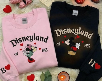 Embroidered Couple Mouse And Girlfriend Sweatshirts, Magical Land Valentine Embroidered Hoodie, Cartoon Mouse Couple, Disney Valentines Tee