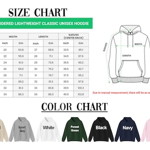 May include: Size and color chart for an embroidered lightweight classic unisex hoodie. The size chart includes measurements in inches and centimeters for width, length, and sleeves. Available colors include sand, sport grey, white, forest green, black, navy, and light pink.