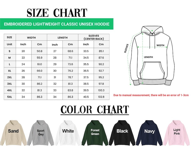 May include: Size and color chart for an embroidered lightweight classic unisex hoodie. The size chart includes measurements in inches and centimeters for width, length, and sleeves. Available colors include sand, sport grey, white, forest green, black, navy, and light pink.