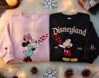 Embroidered Couple Mouse And Girlfriend Sweatshirts, Magical Land Valentine Embroidered Hoodie, Cartoon Mouse Couple Embroidered Sweaters