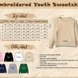 Puede incluir: Sudadera juvenil bordada beige con tablas de tallas y colores. La tabla de tallas incluye medidas en pulgadas y cent&iacute;metros para el ancho, el largo y el largo de la manga. Disponible en varios colores, incluyendo negro, blanco y rosa.