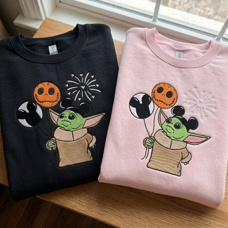 Embroidered Baby Yoda Halloween Sweatshirt, Cute Spooky Season Crewneck, Magic Kingdom Autumn Sweater, Ghost Pumpkin Balloon Disney Fan Gift image 2