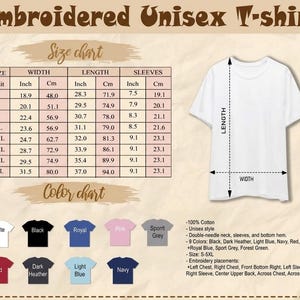 Puede incluir: Camiseta unisex blanca con tablas de tallas y colores. La tabla de tallas muestra medidas en pulgadas y cent&iacute;metros para las tallas S a 5XL. La tabla de colores muestra los colores disponibles, incluyendo blanco, negro, royal, rosa, gris deportivo, rojo, gris oscuro, azul claro y marino.
