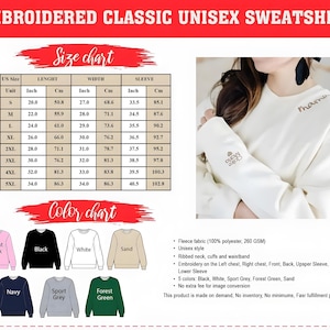 May include: Cream-colored embroidered unisex sweatshirt with the word "mama" embroidered on the chest. The image includes a size chart with measurements in inches and centimeters, and a color chart showing available colors: light pink, black, white, sand, navy, sport grey, and forest green.