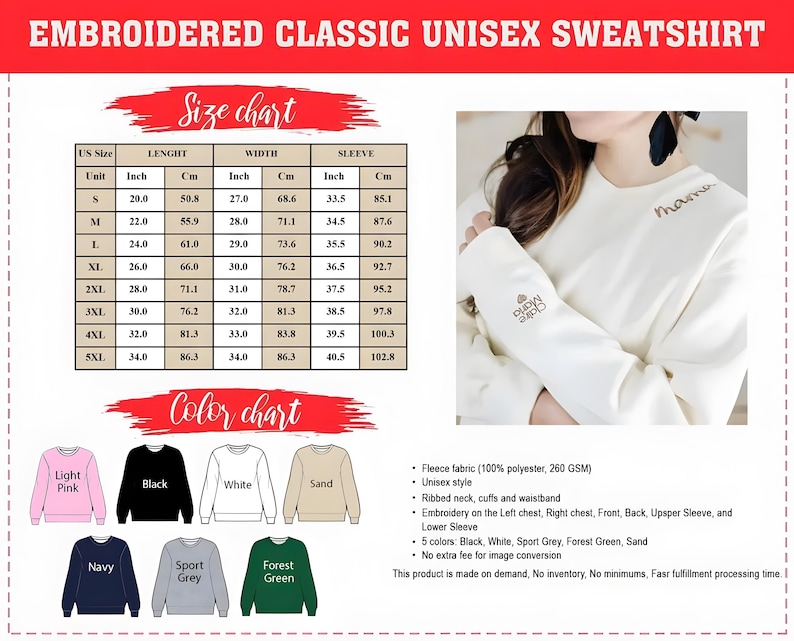 May include: Cream-colored embroidered unisex sweatshirt with the word "mama" embroidered on the chest. The image includes a size chart with measurements in inches and centimeters, and a color chart showing available colors: light pink, black, white, sand, navy, sport grey, and forest green.