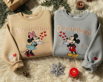 刺繍入りカップルマウスとガールフレンドスウェットシャツ、マジカルランドバレンタイン刺繍パーカー、ミッキーミニーカップル刺繍セーター