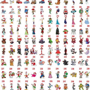 Op de afbeelding: Een verzameling stickers van stripfiguren, elk met een kerstmuts. De stickers bevatten personages uit verschillende animatiefilms en -shows, waaronder Disney, Marvel en andere populaire franchises. De stickers zijn genummerd van 131 tot 260.