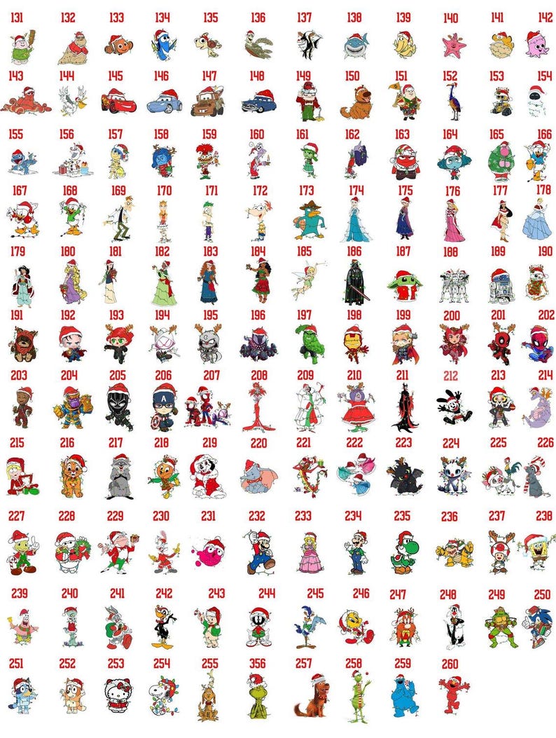 Op de afbeelding: Een verzameling stickers van stripfiguren, elk met een kerstmuts. De stickers bevatten personages uit verschillende animatiefilms en -shows, waaronder Disney, Marvel en andere populaire franchises. De stickers zijn genummerd van 131 tot 260.