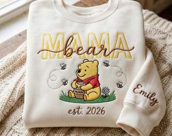 Embroidered Custom Winnie the Pooh Mama Bear Sweatshirt, Mama Est 2026 Shirt, Personalized New Mom Gift, Pooh Bear Mama Hoodie with Name