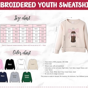 May include: Cream-colored youth sweatshirt with an embroidered Diet Coke bottle design and a pink bow. The size chart shows measurements in inches and centimeters. Available in various colors, including black, white, and pink.