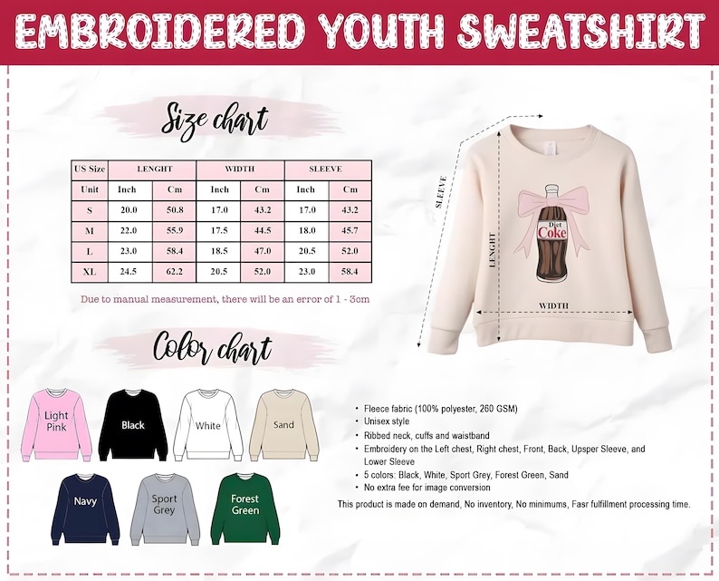 May include: Cream-colored youth sweatshirt with an embroidered Diet Coke bottle design and a pink bow. The size chart shows measurements in inches and centimeters. Available in various colors, including black, white, and pink.