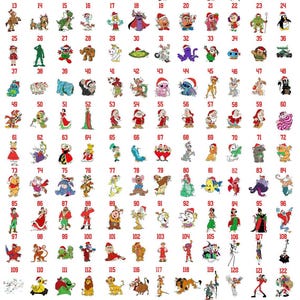 Op de afbeelding: Een verzameling van 130 illustraties van stripfiguren, elk genummerd, in een kerstthema. Personages zijn onder meer Mickey Mouse, Donald Duck en andere populaire figuren, allemaal met kerstmutsen.