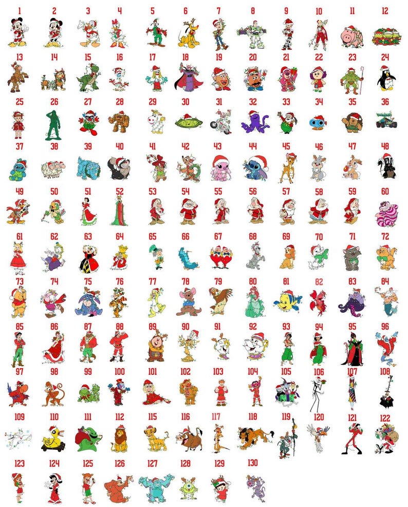 Op de afbeelding: Een verzameling van 130 illustraties van stripfiguren, elk genummerd, in een kerstthema. Personages zijn onder meer Mickey Mouse, Donald Duck en andere populaire figuren, allemaal met kerstmutsen.