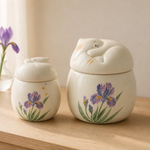 Puede incluir: Dos tarros de cerámica de color crema con tapa, cada uno con una flor de iris morada pintada a mano y hojas verdes. Las tapas están rematadas con una figura esculpida de un gato blanco durmiendo. Los tarros tienen una forma redondeada.