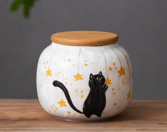 Handpainted Cat in the Starry Sky Pet Urn Personalized Ceramic Crystal Flower Pet Urn Souvenirs with Engraved Date