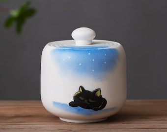 Handpainted Sleeping Black Cat in the Sky Ceramic Pet Urn Personalized Souvenir Cat Pet Pottery Urn with Name Engraved