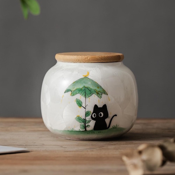 Hand Painted Black Cat Under Green Umbrella Crystal Flower Ceramic Pet Urn Souvenirs with Engraved Date Pet Urn Personalized