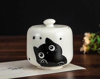 Urna personalizada pintada a mano con diseño de gato negro para cenizas, regalo conmemorativo para mascotas con temática de noche estrellada, urna celestial para gatitos.