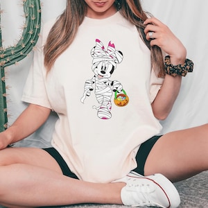Ratón momia adorable, camiseta de Halloween, cesta de calabaza, momia de dibujos animados, camiseta infantil divertida, disfraz de truco o trato, camiseta para amantes de los ratones