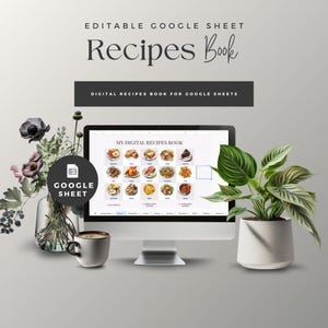 デジタルレシピブック Google スプレッドシート、食事プランナー テンプレート、レシピオーガナイザー、食料品リスト、デジタルクックブック
