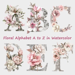 Puede incluir: Letras del alfabeto floral A, B, C, D, E y F en acuarela. Las letras están decoradas con flores y hojas rosas y blancas. El fondo es una textura de mármol gris.